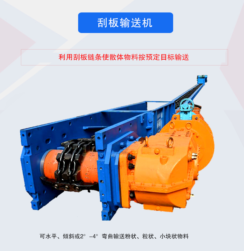 刮板輸送機采用刮板鏈牽引，可水平或傾斜輸送散狀物料，輸送距離長、密封性好無粉塵污染，功率消耗小