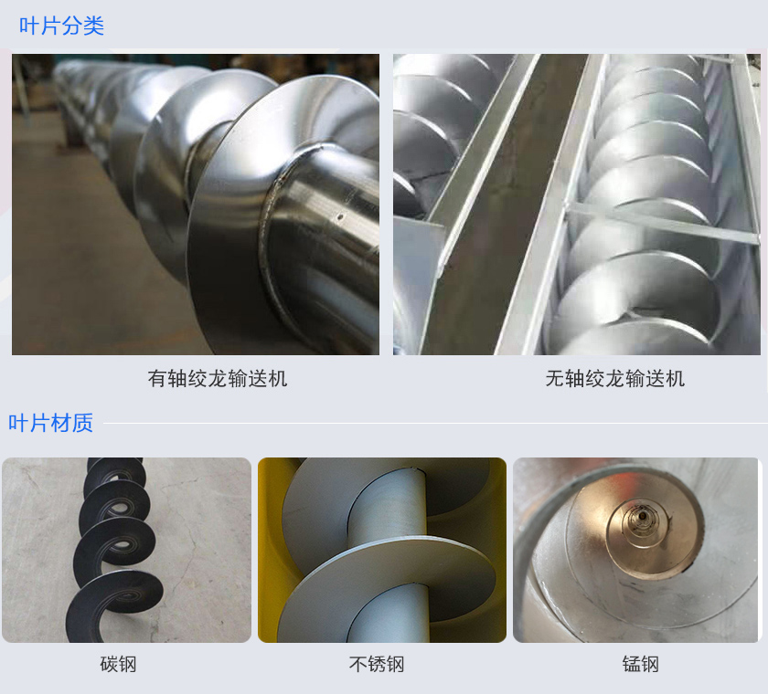 絞龍輸送機(jī)分為有軸和無(wú)軸絞龍輸送機(jī)，可根據(jù)物料不同選擇有碳鋼、不銹鋼、錳鋼等材質(zhì)。